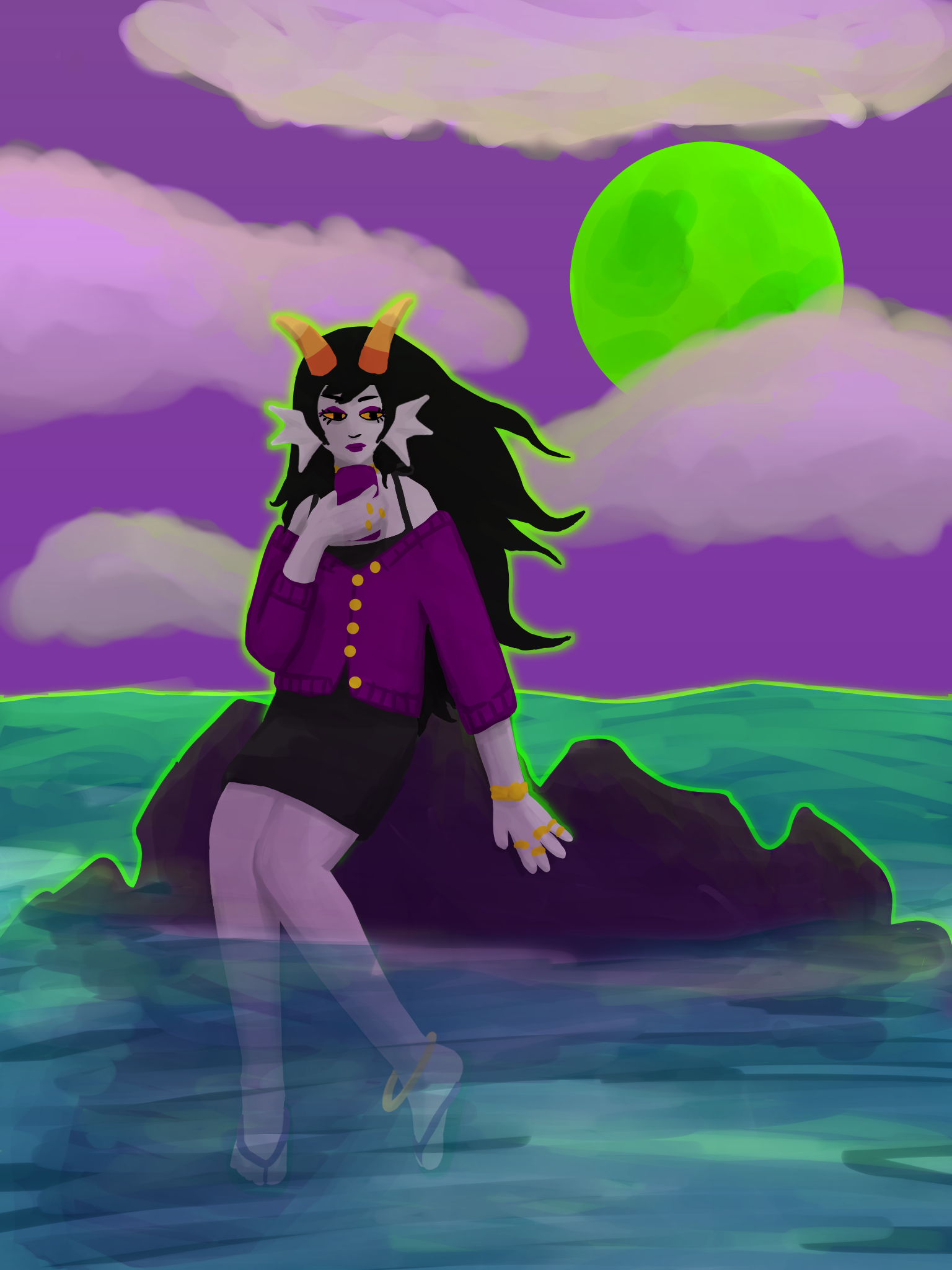 Art of Cridea sitting on some rocks in the ocean. She is backlit by Alternia's green moon. Cridea is a long haired female troll wearing a violet cardigan over a black mini dress, flip flops, and a bunch of gold jewellery.