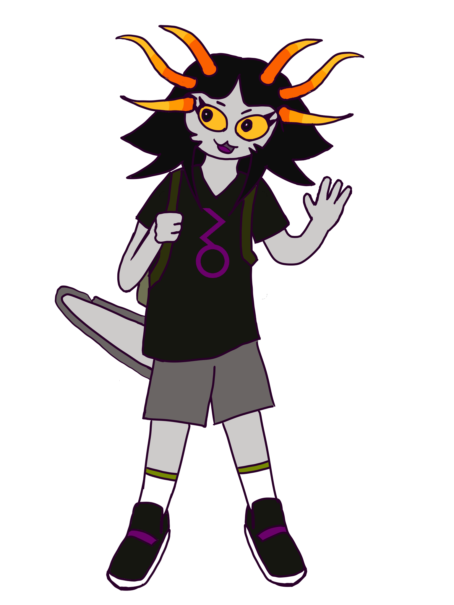 My drawing of Fiamet. Fiamet is a young troll girl with three pairs of horns and an eel like tail. She is wearing a black t-shirt with an Aquamino sign on it, grey shorts, a gray lime-ish backpack, white socks with a lime stripe, black sneakers with a violet strap. She is smiling with her kitty mouth and waving her hand.