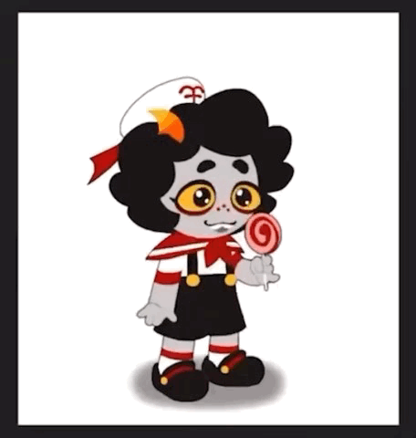 gif of a sprite of a very young rust blooded troll in an old timey children's sailor outfit licking a red lollipop