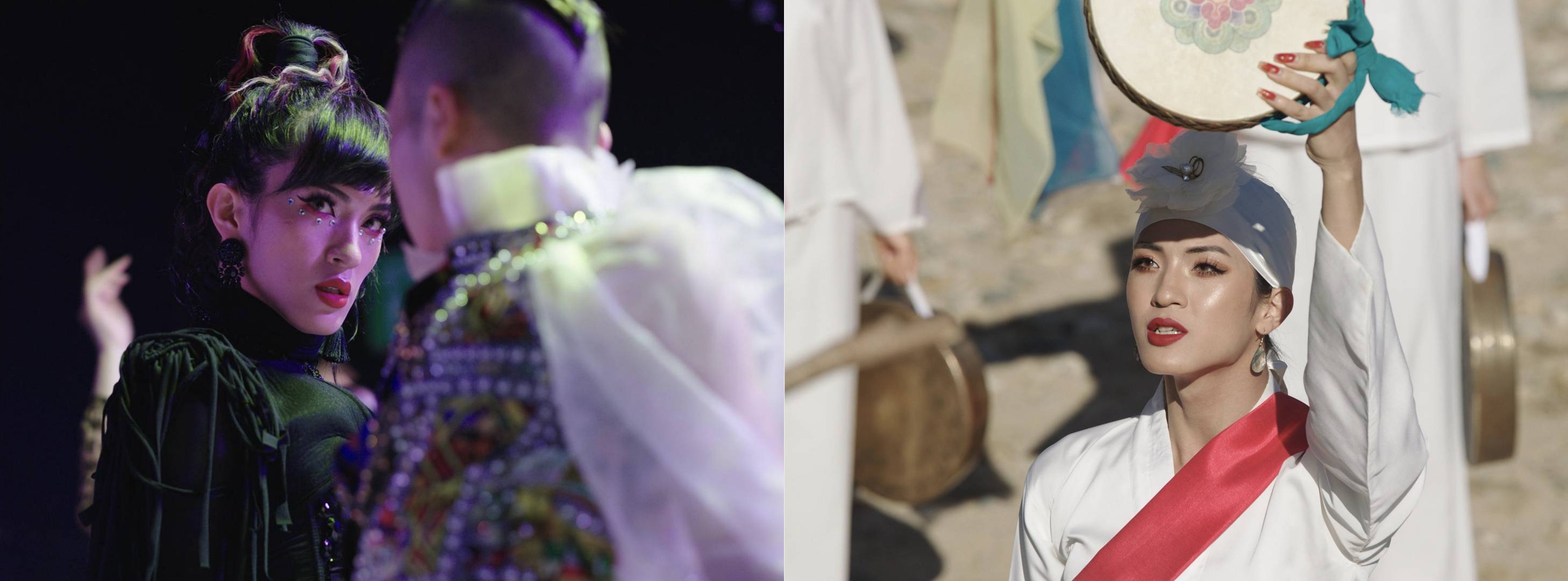 Two stills from Peafowl. In the first on Myung is wearing black flashy dance clothing. In the second one Myung is wearing white traditional Korean clothing and holding a small drum.