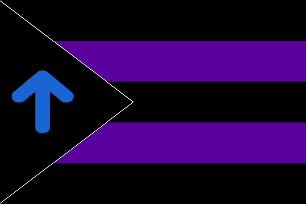 A flag with alternating black and violet stripes. It has a black chevron with a blue upward pointing arrow in it.