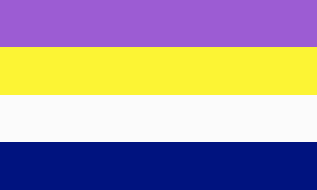 a flag with four horizontal stripes: violet, yellow, white and dark blue.