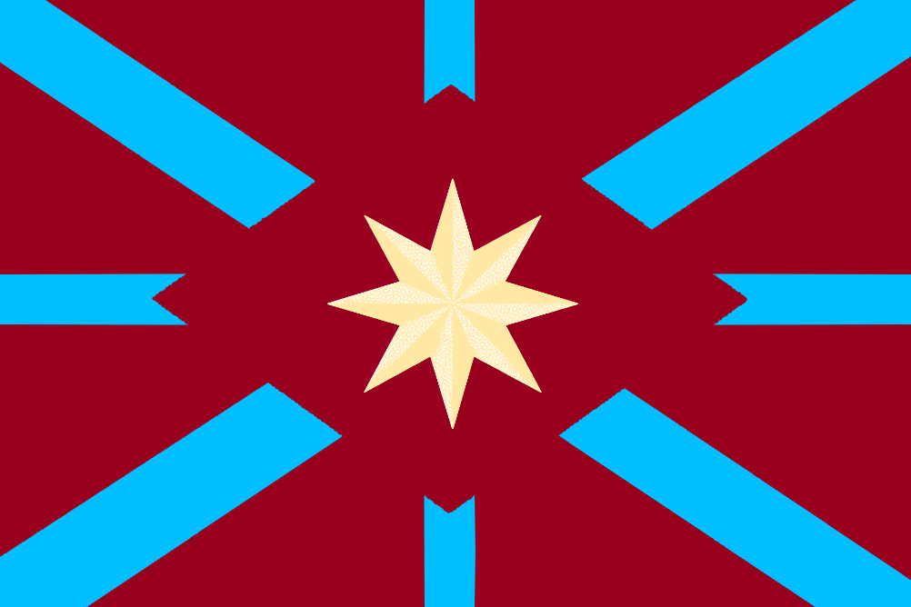 A red flag with a thicker diagonal and a thinner regular blue cross. There is a large red diamond in the middle over them. In the middle of this diamond is a light yellow eight pointed star.